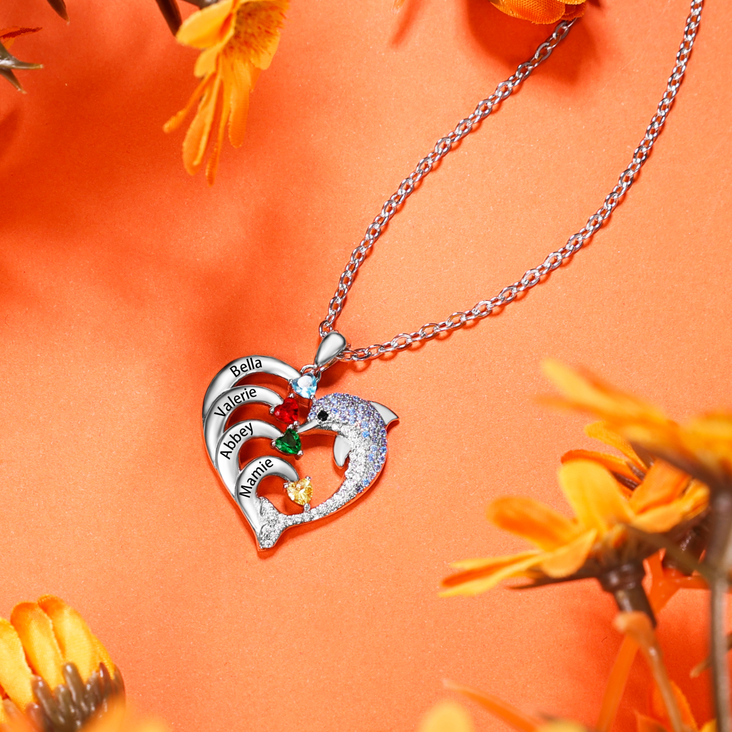 Personalised Heart Dolphin Necklace With 5 Birthstones Engraved Names Gift For Mum-Jessemade AU