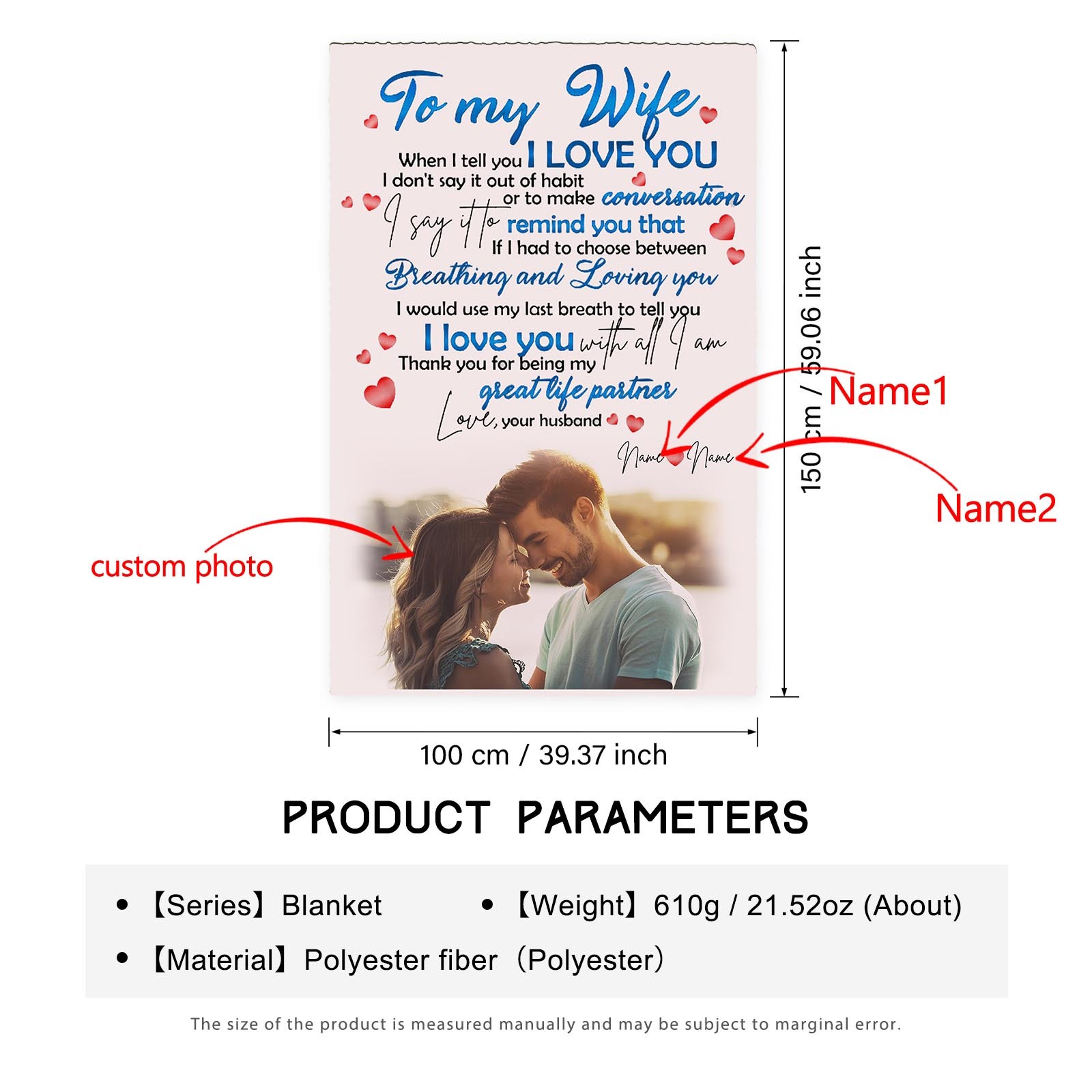 To My Wife Personalised Couple Blanket Engrave Photo Sweet Gift For Her "Thank you for being my great life partner"-Jessemade AU