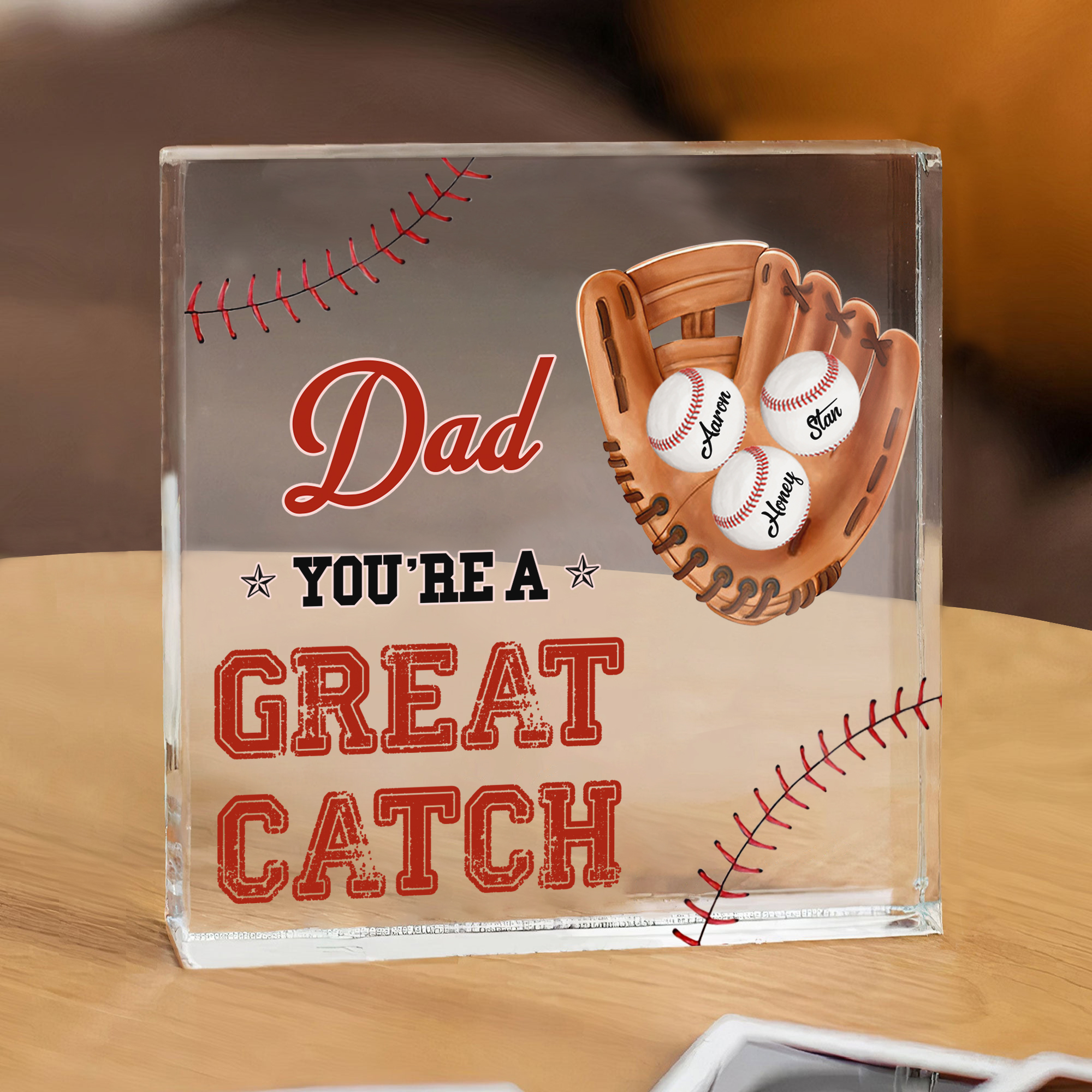 Personalised 3 Names & 1 Text Acrylic Square Keepsake Baseball Rectangle Plaque Gifts for Dad/Grandpa - You're A Great Catch-Jessemade AU