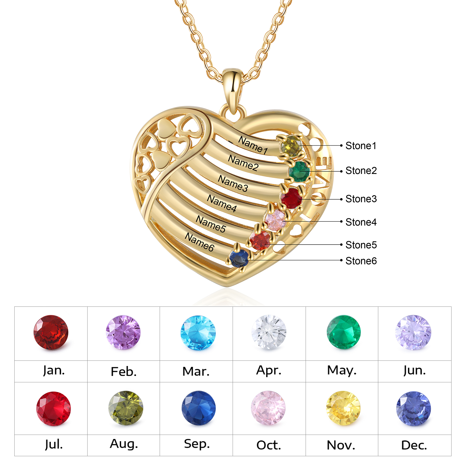 LOVE Heart Necklace Custom 6 Names & Birthstones Family Necklace Gifts For Her-Jessemade AU