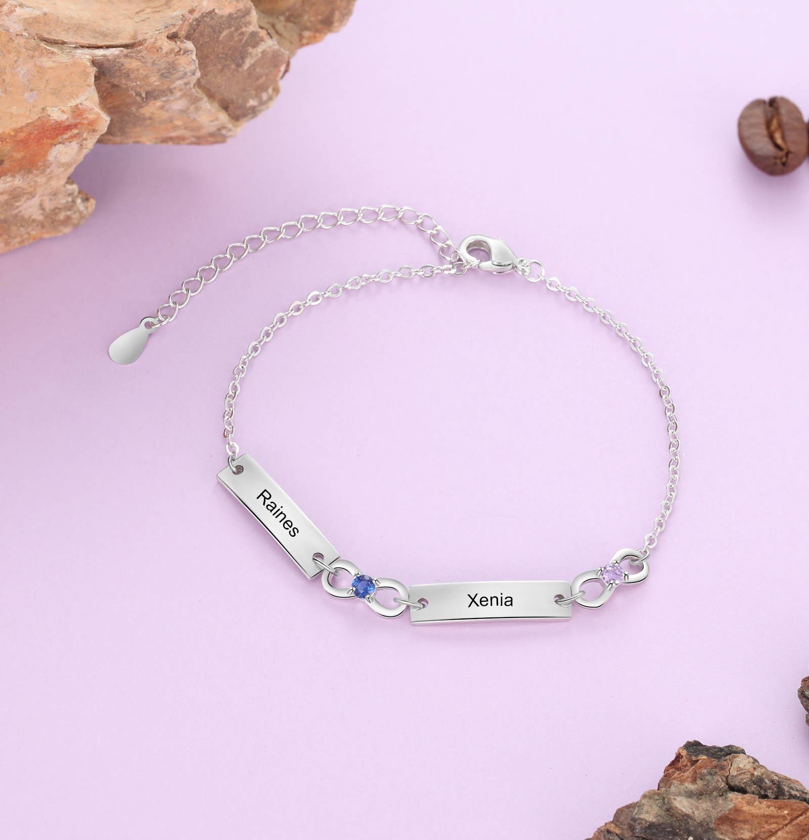 Personalised Bracelet With 2 Birthstones Engraved Names Bracelet Gift For Women-Jessemade AU
