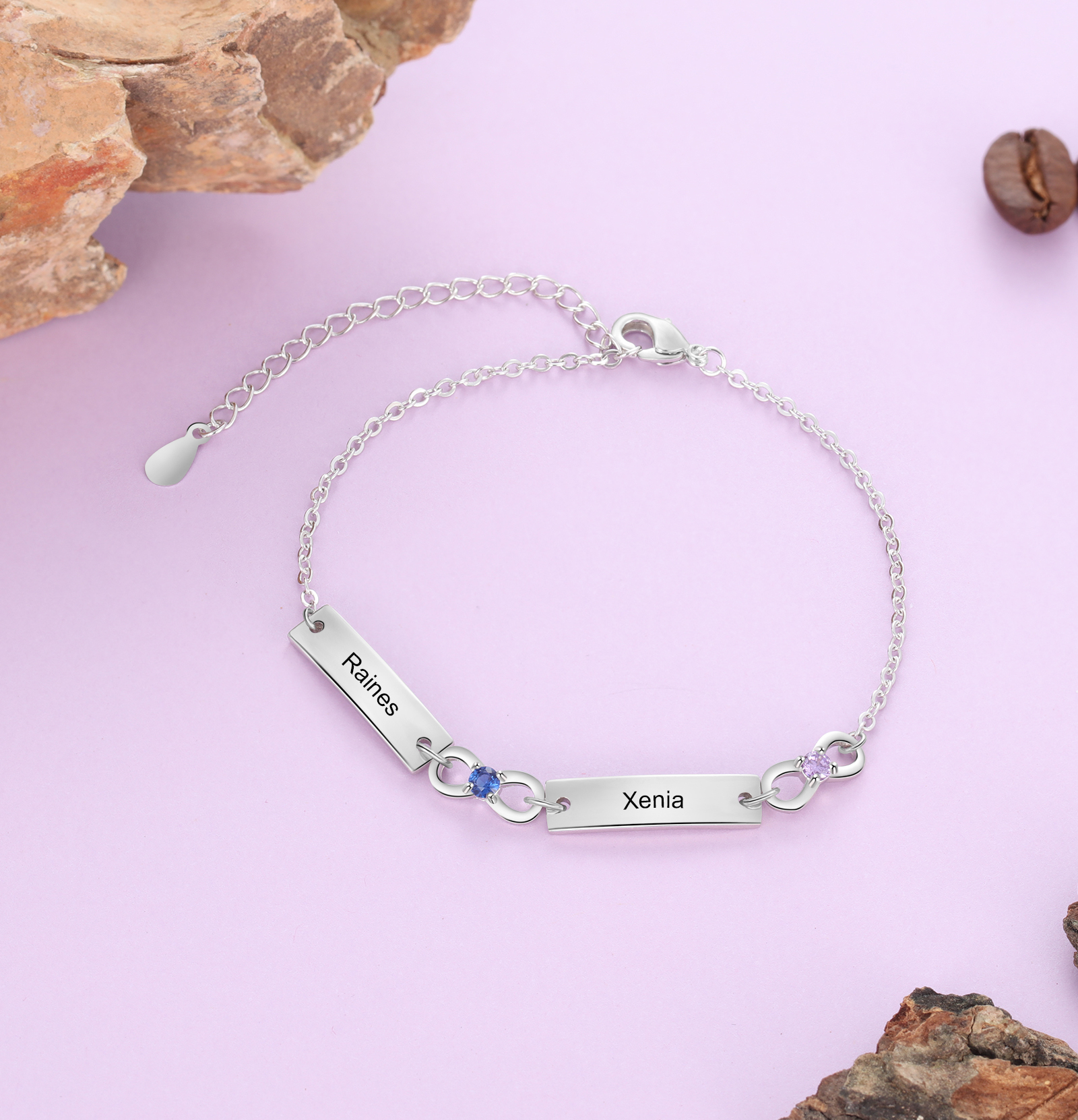 Personalised Bracelet With 2 Birthstones Engraved Names Bracelet Gift For Women-Jessemade AU