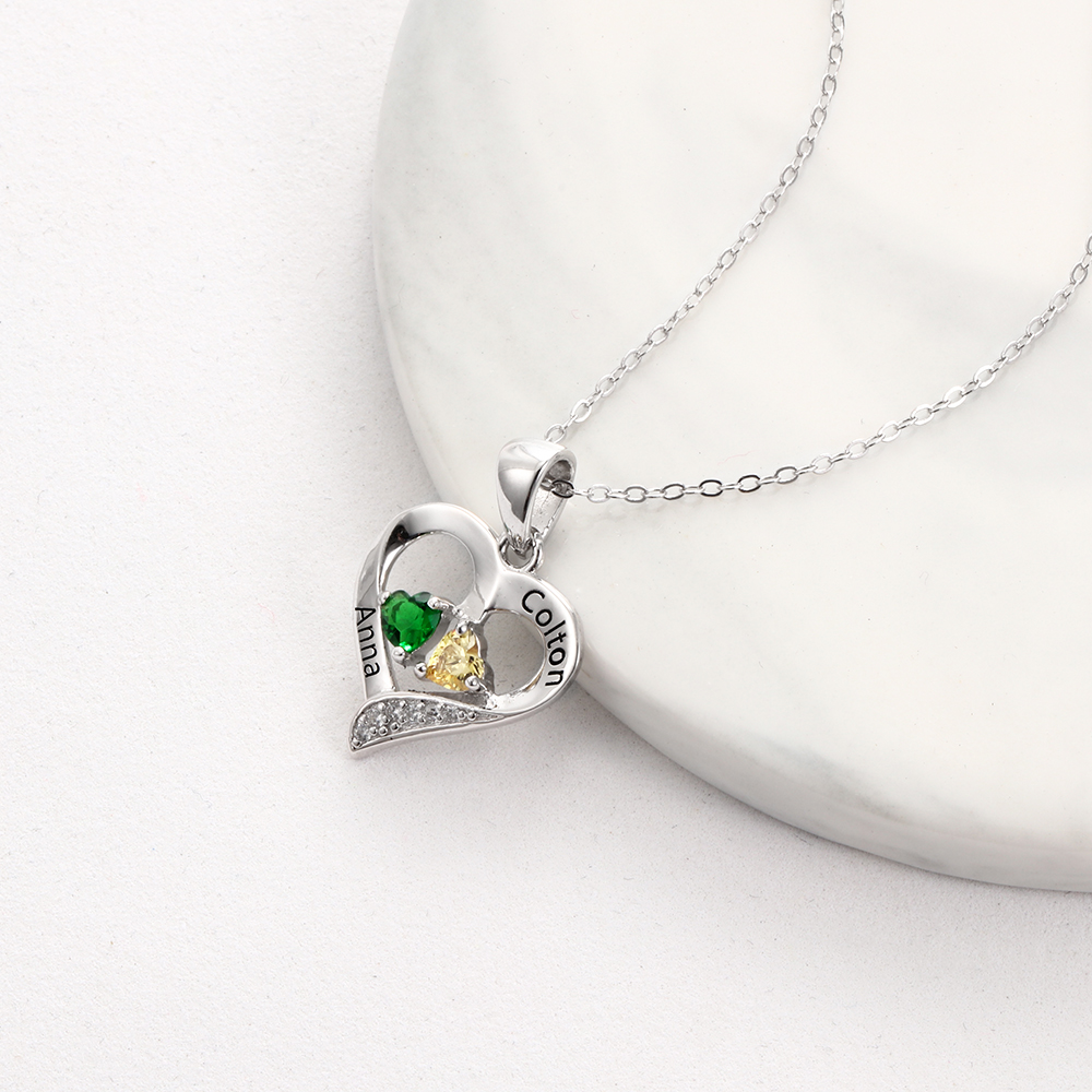 Personalised Heart Necklace With 2 Birthstones Engraved Names Gift For Her-Jessemade AU