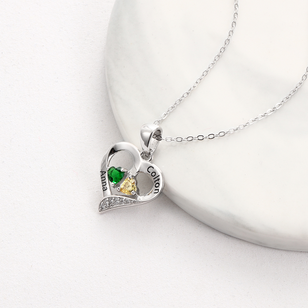 Personalised Heart Necklace With 2 Birthstones Engraved Names Gift For Her-Jessemade AU
