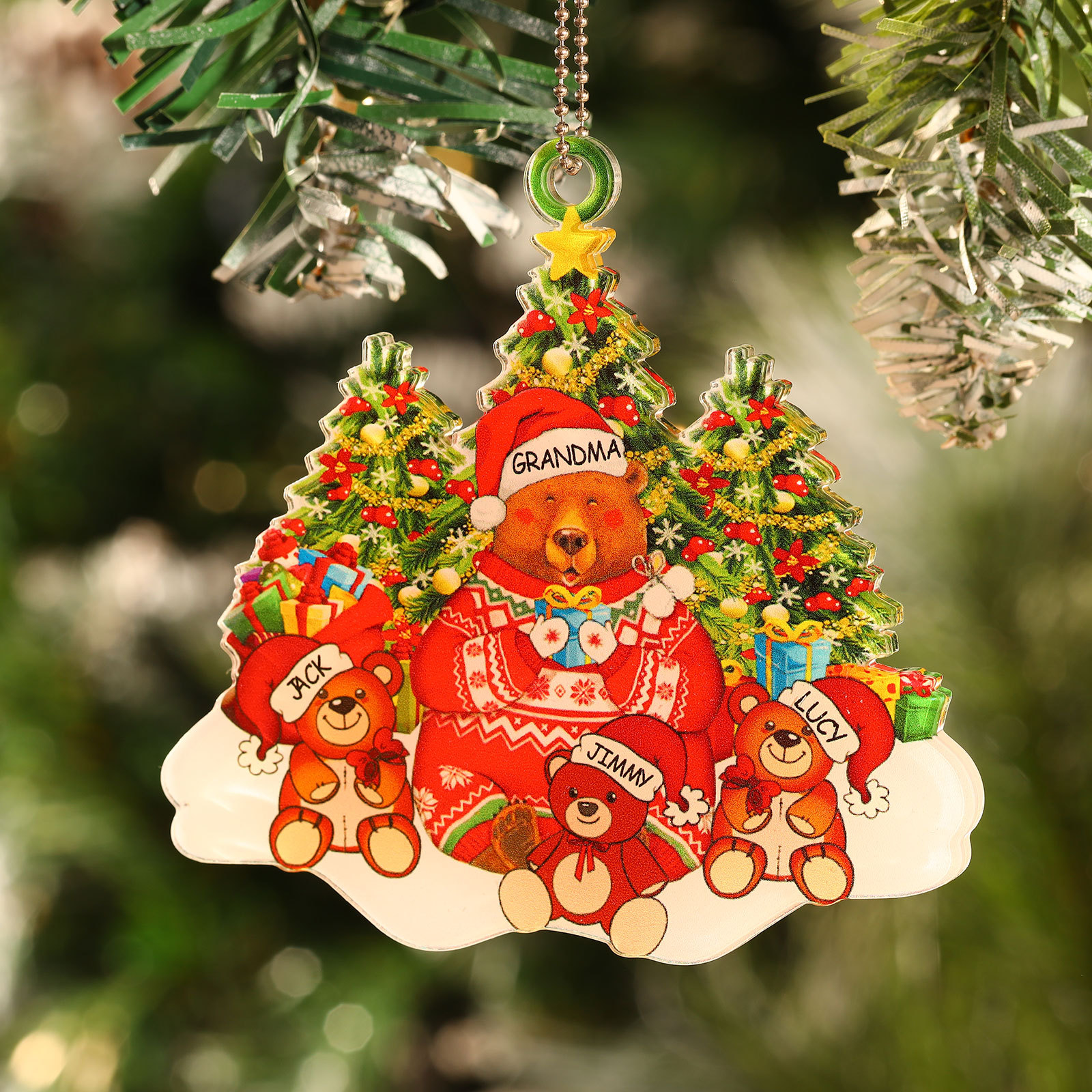4 Names - Personalised Acrylic Christmas Bear Ornaments Customised Text & Name Xmas Pendant Gifts for Family-Jessemade AU