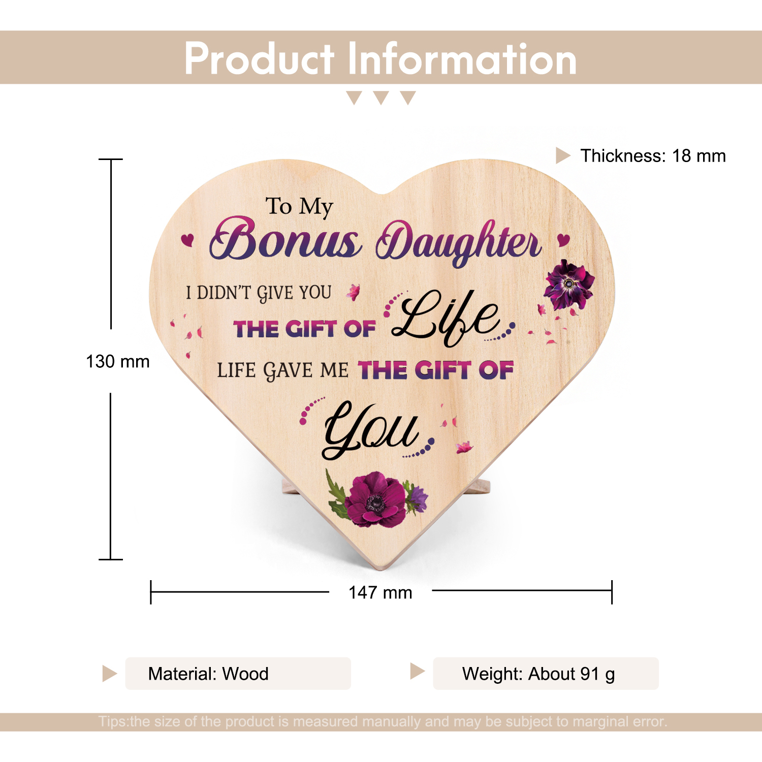 To My Bonus Daughter Violet Wooden Heart Keepsake Desktop Ornament "Life Gave Me The Gift of You"-Jessemade AU