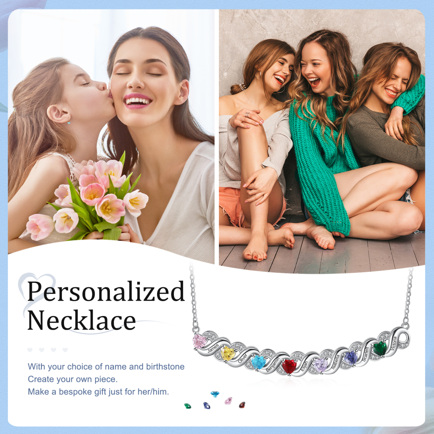 Personalised Heart Birthstone Necklace Custom 7 Names Overlap Necklace Gifts for Her-Jessemade AU