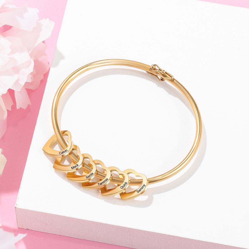 Bangle Bracelet Personalised with 6 Heart Shape Pendant Engraved 6 Names-Jessemade AU