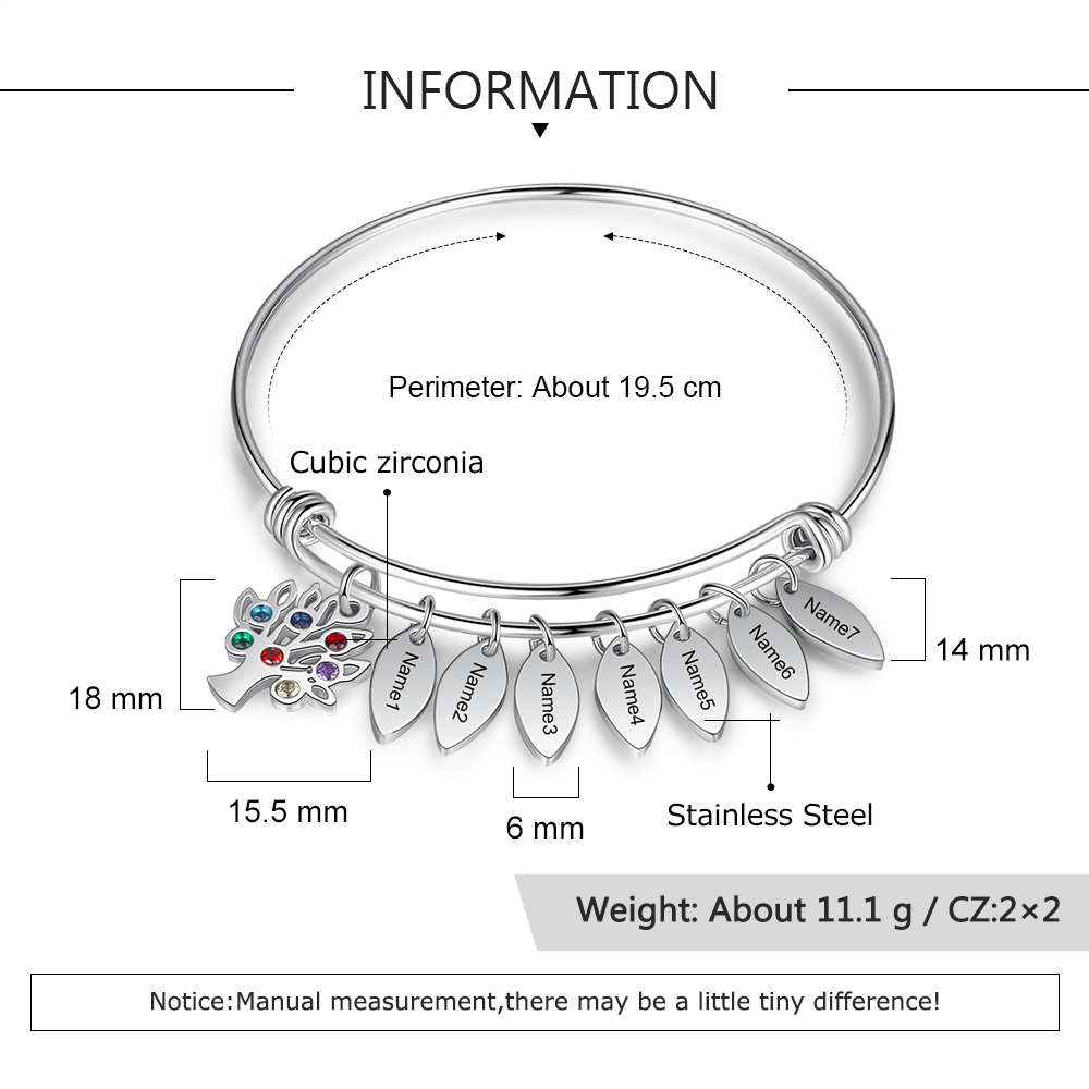 Personalised Family Tree Bracelet with 7 Birthstones Leaf Charms Bangle for Her-Jessemade AU