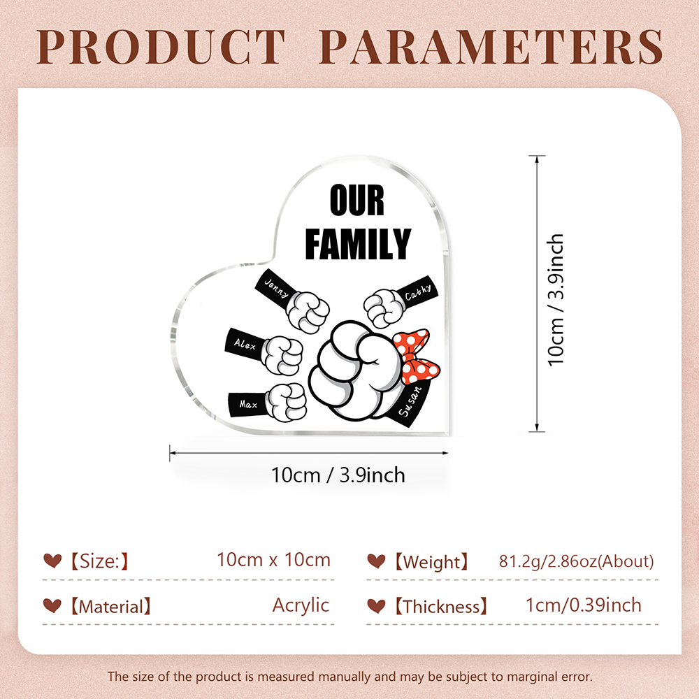 5 Names - Personalised Acrylic Heart Keepsake Custom Name & Text Fist Bump Ornaments Gifts for Family-Jessemade AU