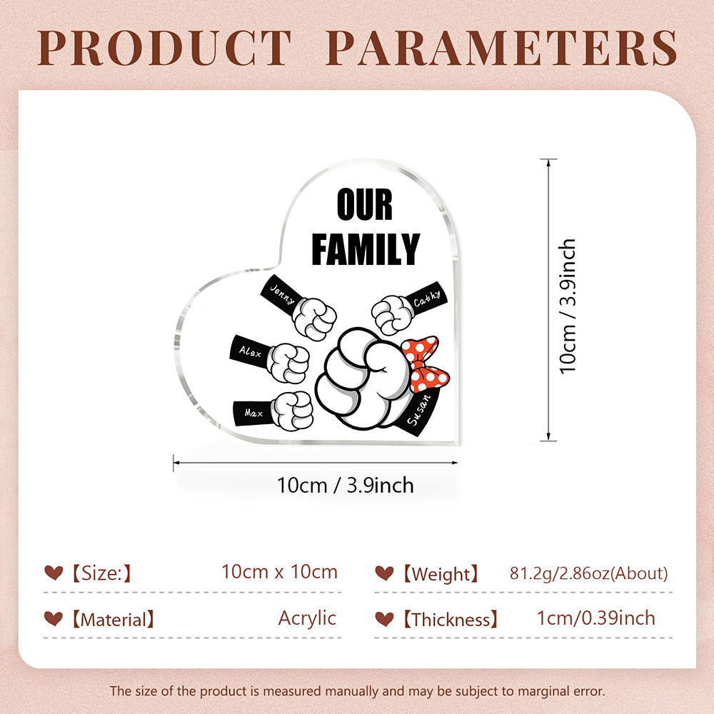 5 Names - Personalised Acrylic Heart Keepsake Custom Name & Text Fist Bump Ornaments Gifts for Family-Jessemade AU