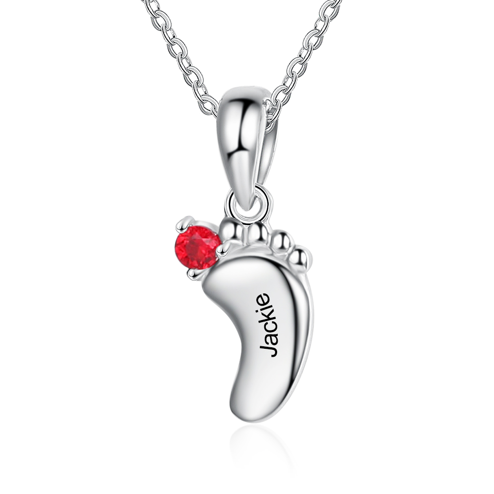 Personalised Baby Foot Necklace With 1 Birthstone Engraved Names Gift For Mother