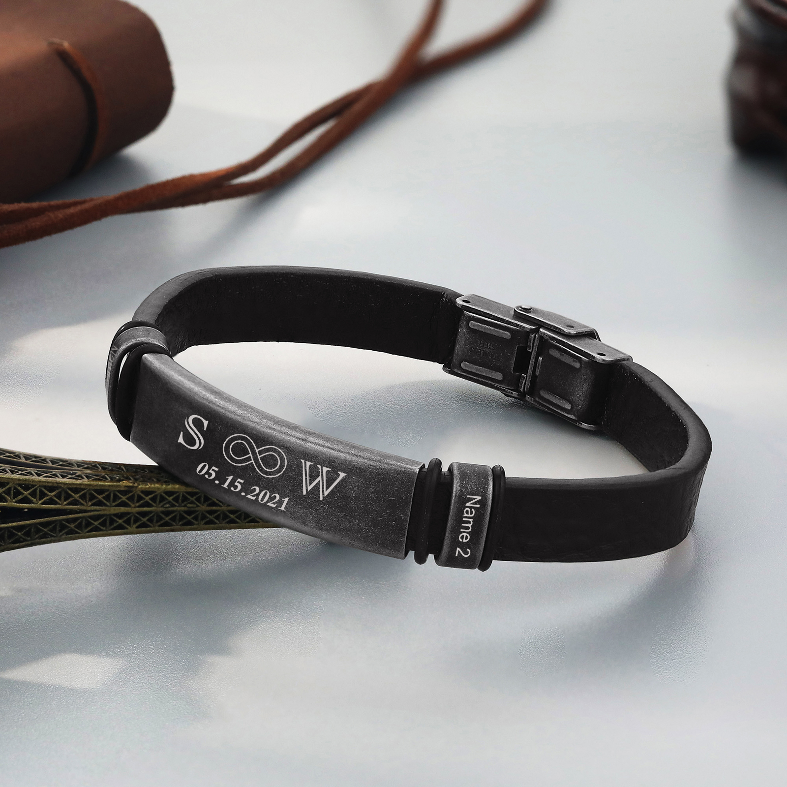 Personalised Men's Leather Bracelets Custom 2 Names 2 Letters Eternity Bracelet Black Gift for Him-Jessemade AU
