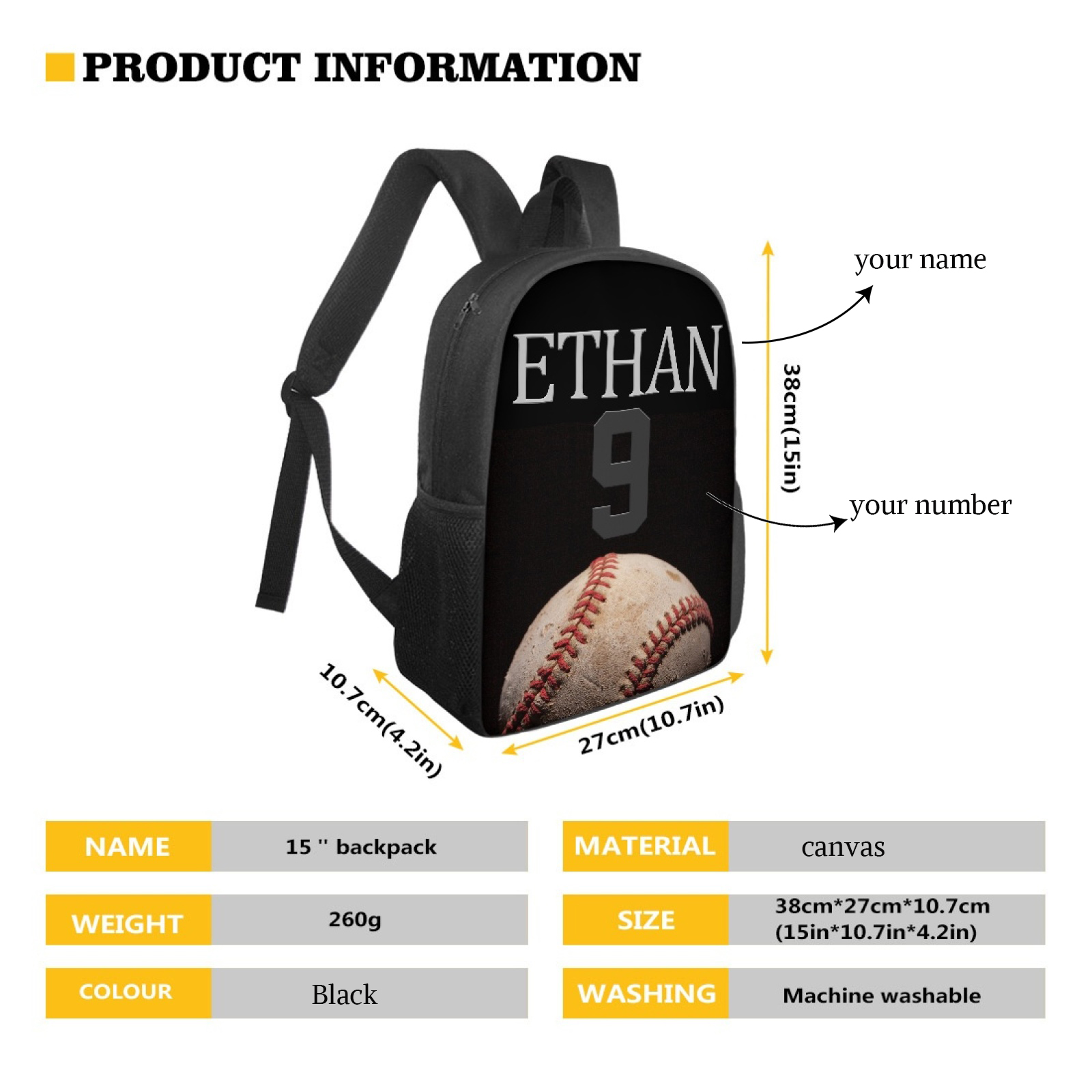 Custom Name and Number Backpack Personalised Baseball Schoolbag for Students-Jessemade AU