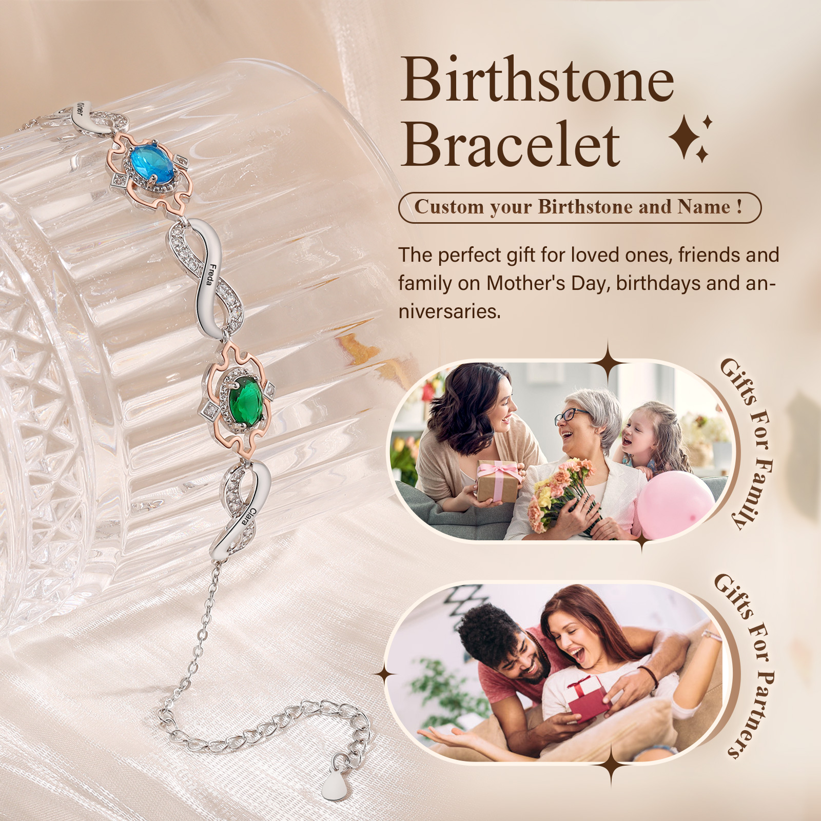 Infinity Bracelet Personalised 2 Birthstones Engraved 3 Names Women's Bracelets Birthday Gift for Her-Jessemade AU
