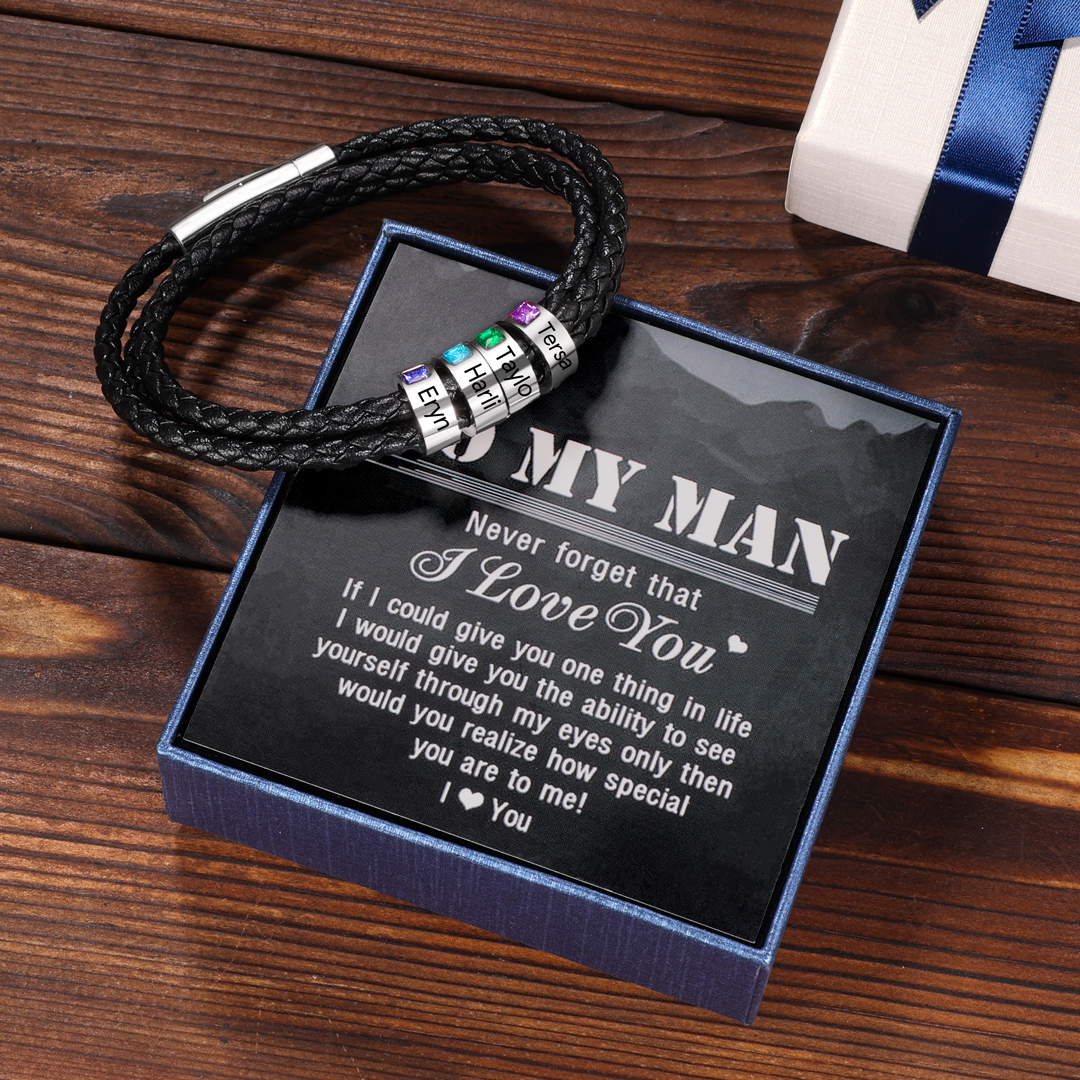 Personalised 3 Layer Leather Bracelet with 4 Beads Engraved Names Men's Bracelets for Him-Jessemade AU