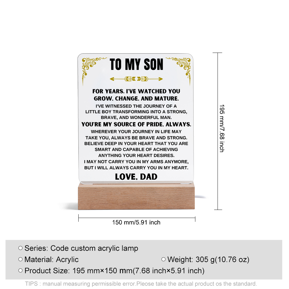 To My Son Acrylic Night Light, "You're My Source Of Pride, Always" LED Lamp Heartwarming Gifts-Jessemade AU