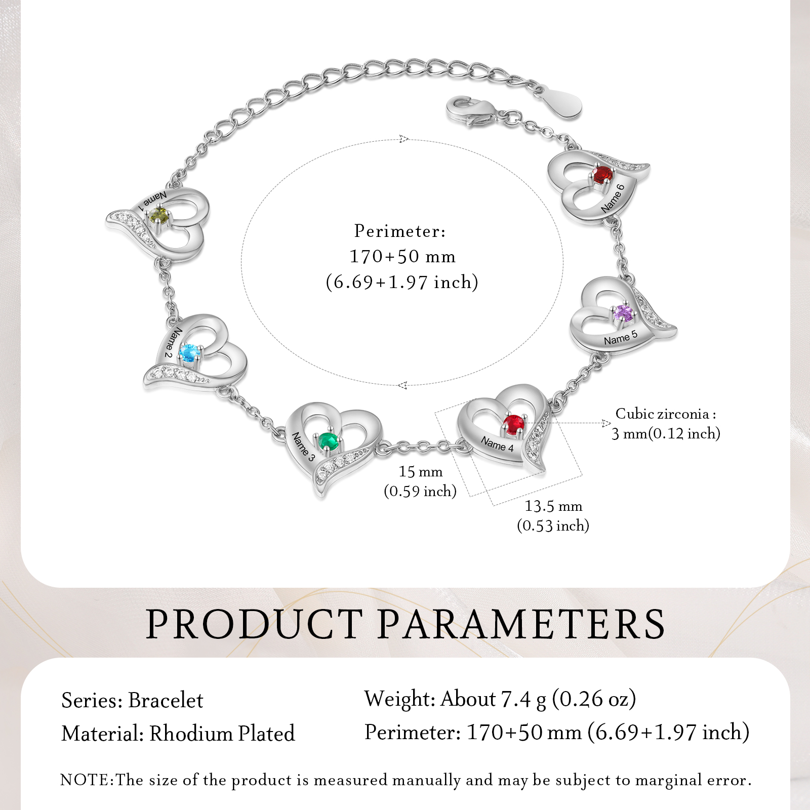 6 Names - Personalised Heart Bracelet Customised Names & Birthstones Bracelets Silver Valentine's Day Gift For Her-Jessemade AU