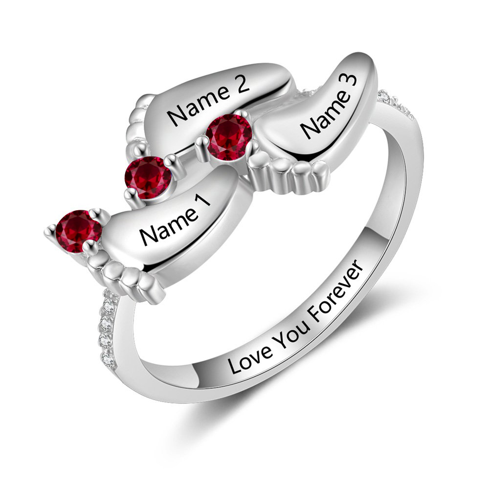 Personalised Baby Foot Ring With 3 Birthstones Engraved Names Ring Gift For Women-Jessemade AU