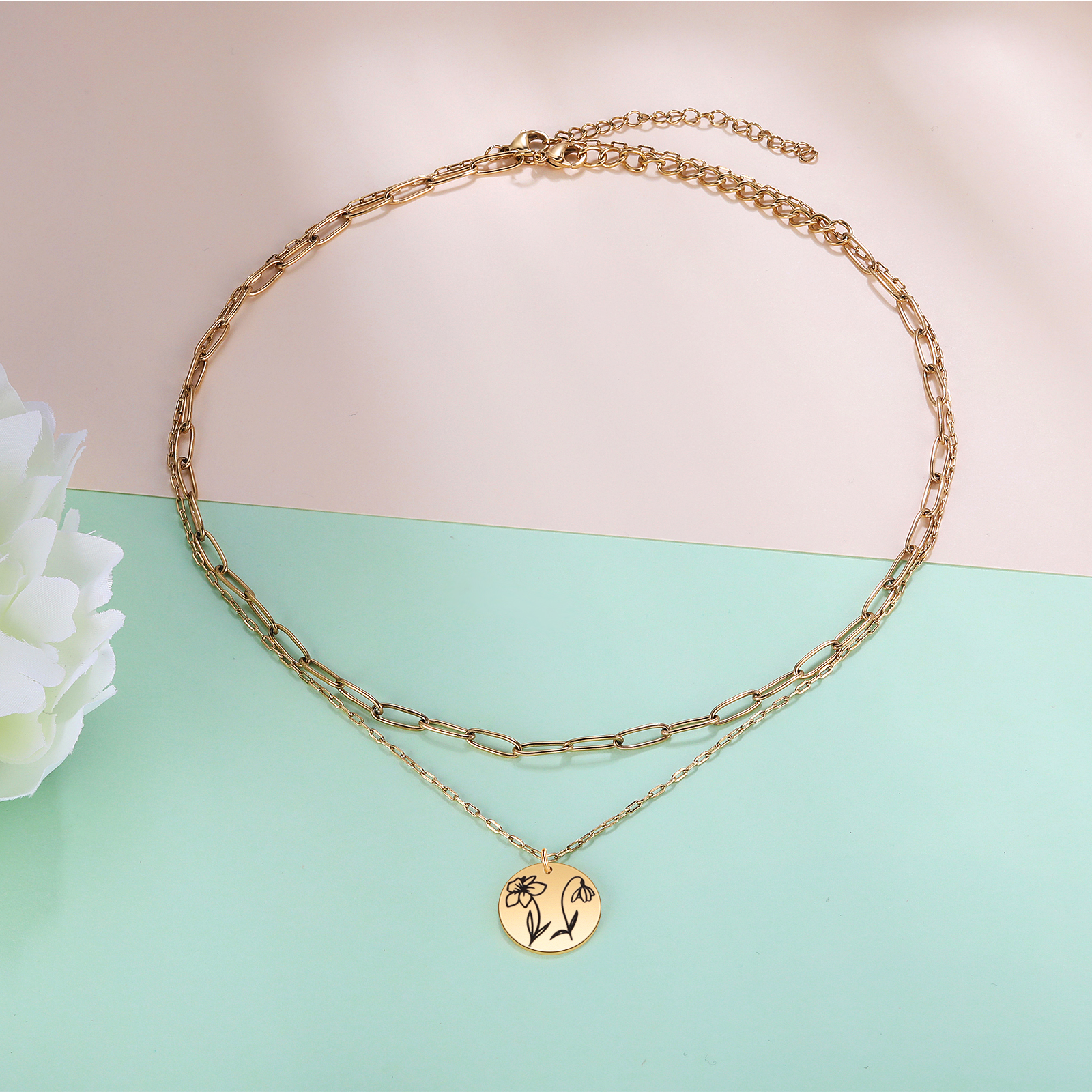 Personalised Double Necklace With 2 Birthflowers Engraved Name Gift For Her-Jessemade AU