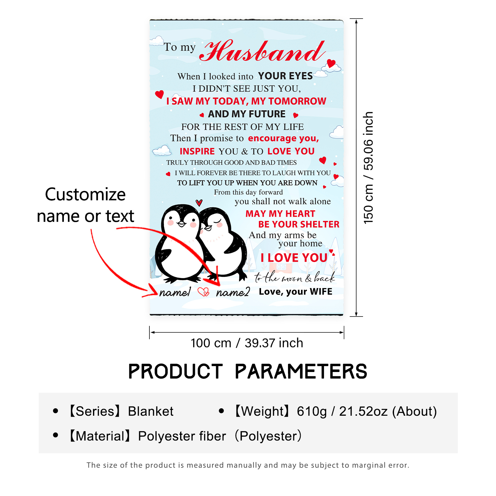 To My Husband Couple Penguin Blanket Custom Name Valentines Gift-Jessemade AU