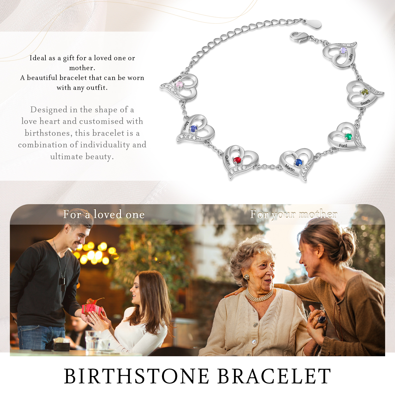 7 Names - Personalised Heart Bracelet Customised Names & Birthstones Bracelets Silver Valentine's Day Gift For Her-Jessemade AU