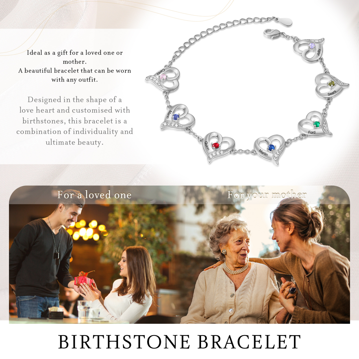 7 Names - Personalised Heart Bracelet Customised Names & Birthstones Bracelets Silver Valentine's Day Gift For Her-Jessemade AU