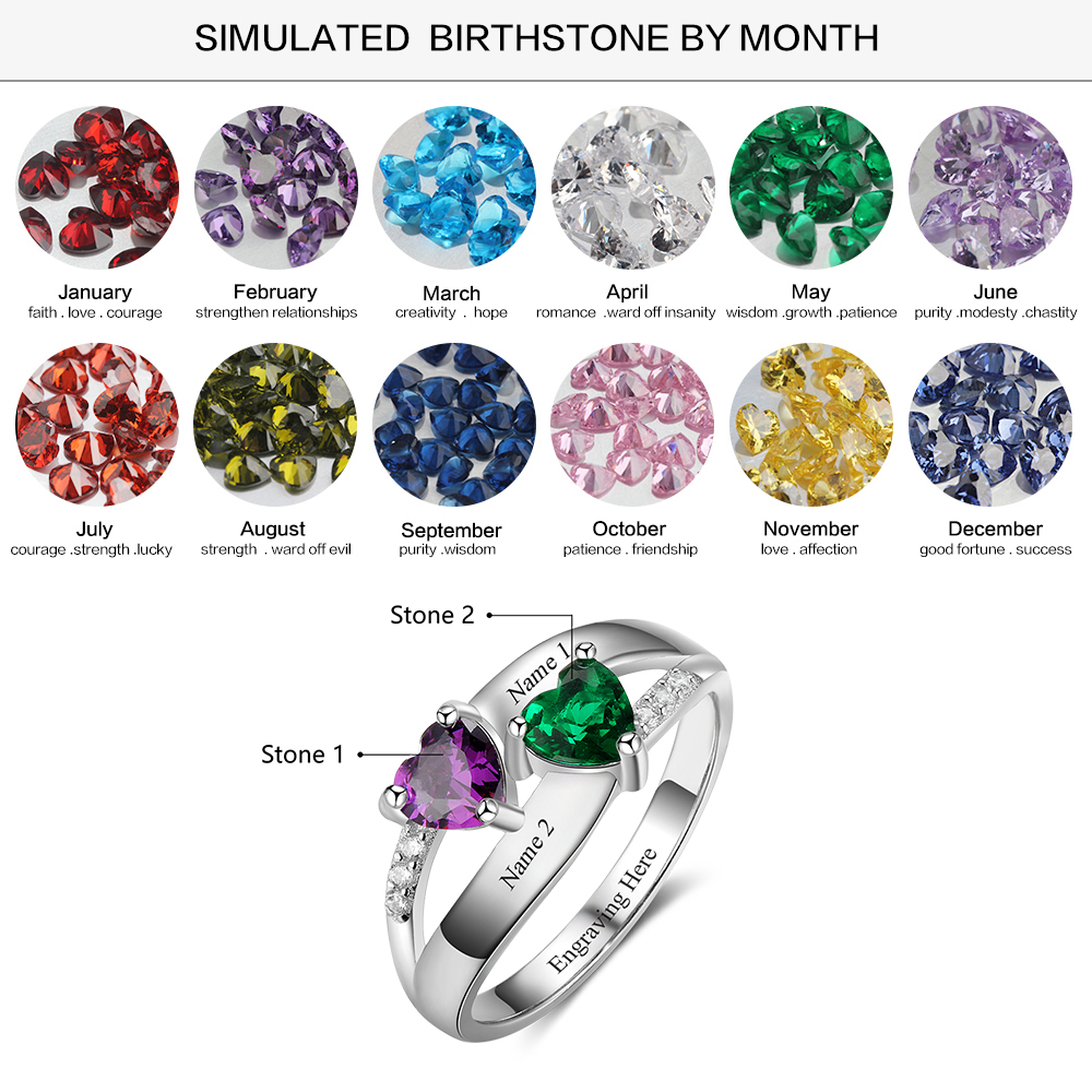 Personalised Ring With 2 Birthstones Engraved Names Ring Gift For Women-Jessemade AU