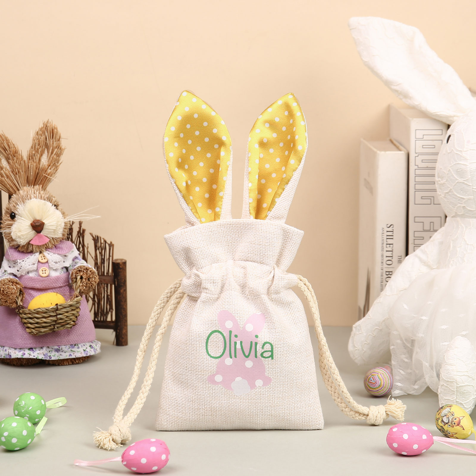 Personalised Bunny Tote Bag Customised with Name Bunny Drawstring Bag Easter Gifts-Jessemade AU