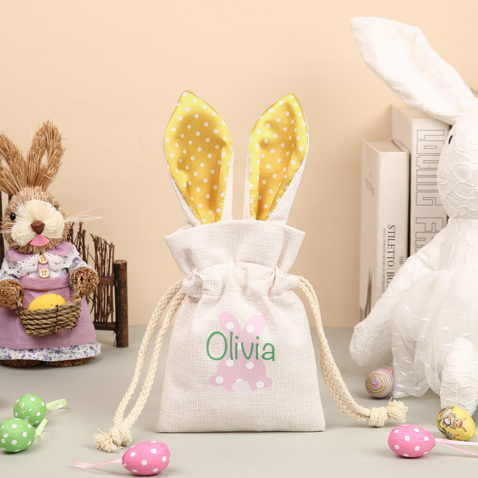 Personalised Bunny Tote Bag Customised with Name Bunny Drawstring Bag Easter Gifts-Jessemade AU