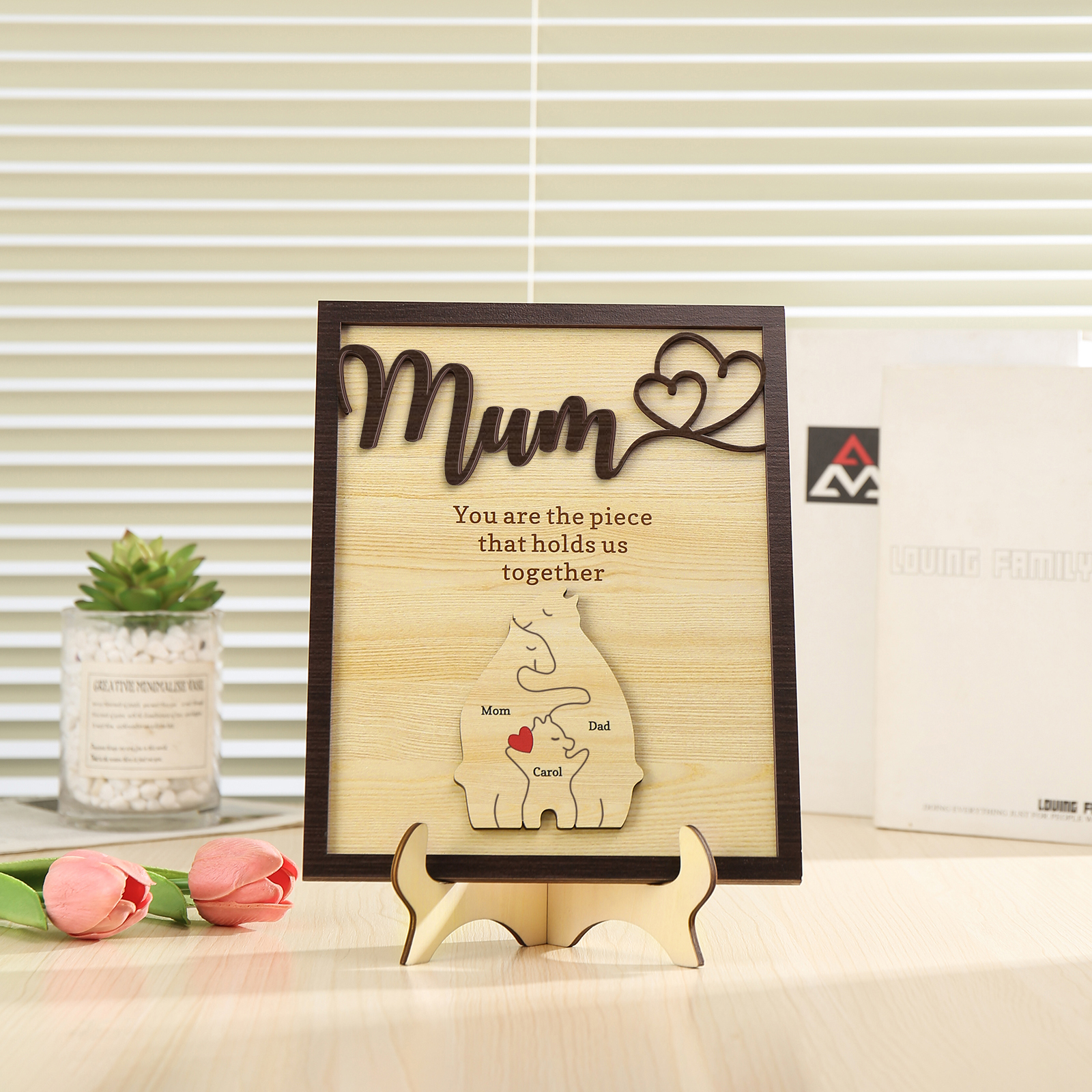 Personalised Bear Puzzle Pieces Wooden Plaque Custom 3 Names Family Ornament With Stand Gifts for Mum - You Are The Piece That Holds Us Together-Jessemade AU