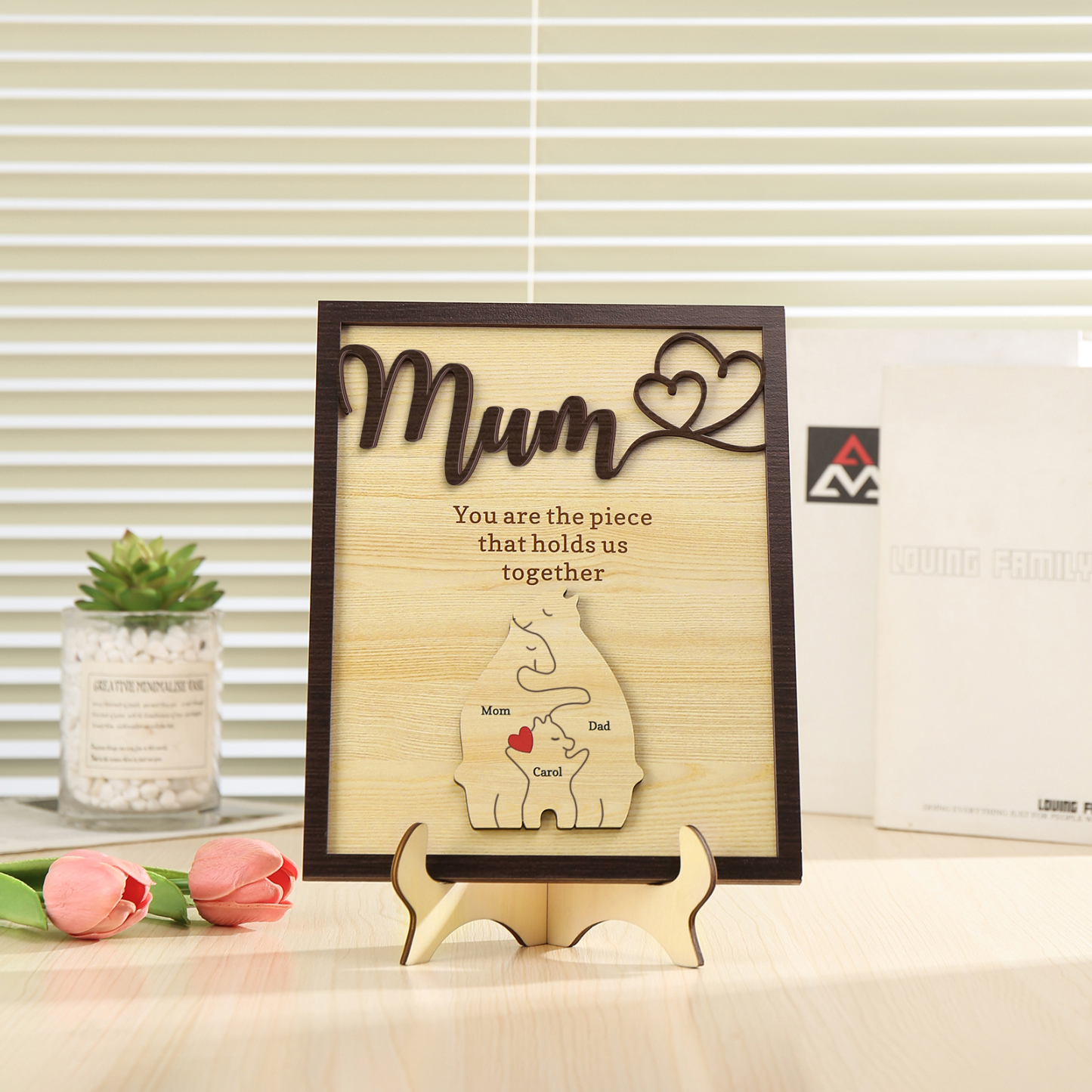 Personalised Bear Puzzle Pieces Wooden Plaque Custom 3 Names Family Ornament With Stand Gifts for Mum - You Are The Piece That Holds Us Together-Jessemade AU