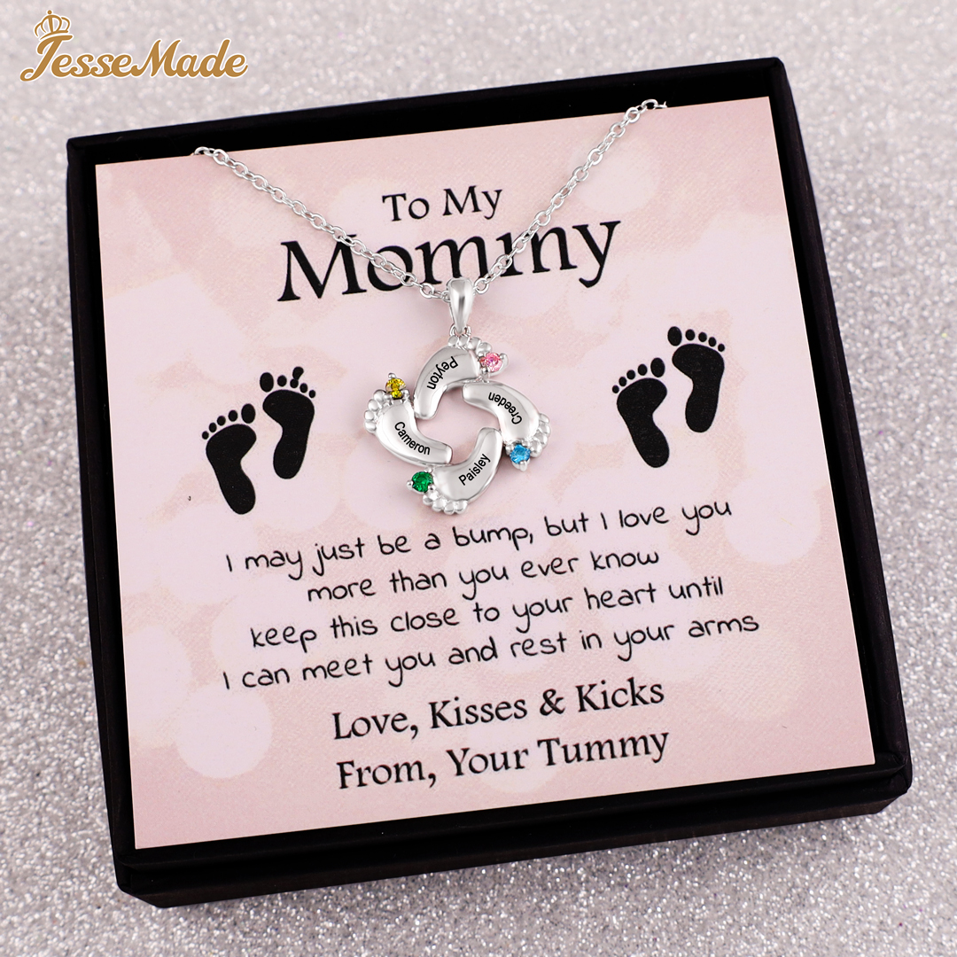 Personalised Baby Foot Necklace With 4 Birthstones Engraved Names Gift For Mother-Jessemade AU