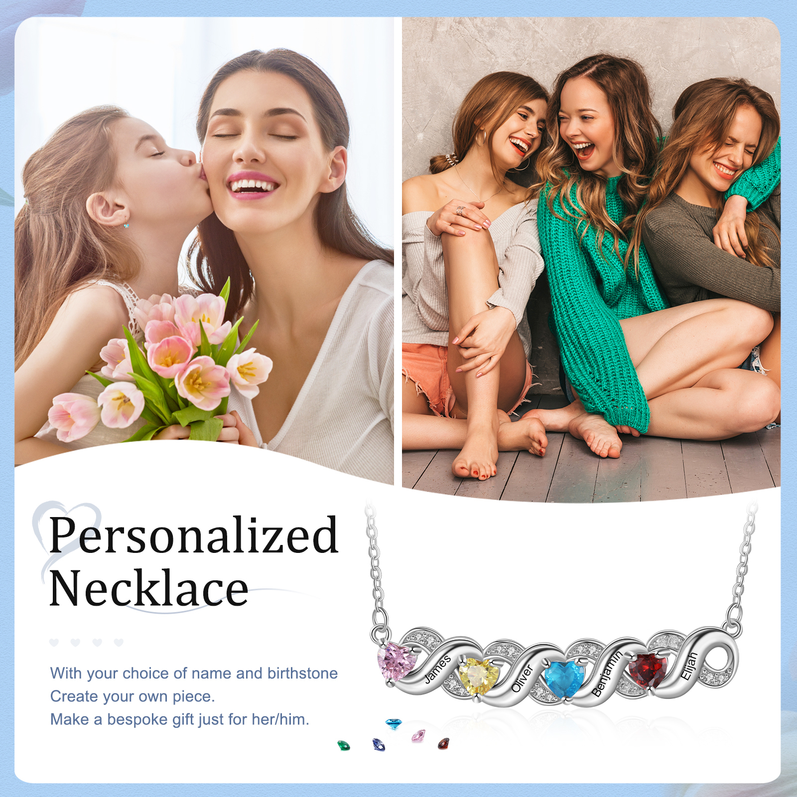 Personalised Heart Birthstone Necklace Custom 4 Names Overlap Necklace Gifts for Her-Jessemade AU