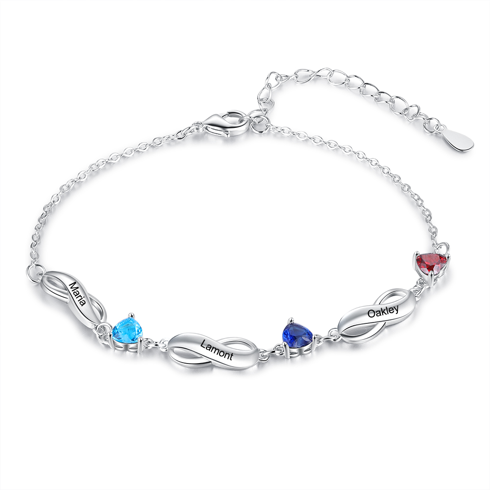 Personalised Infinity Bracelet With 3 Birthstones Engraved Names Bracelet Gift For Women