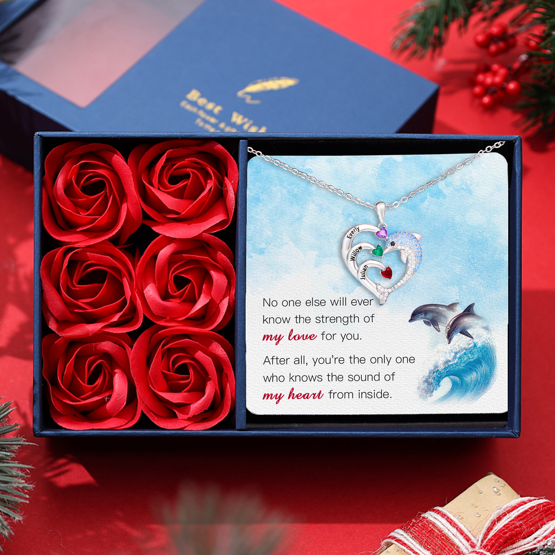 Personalised Heart Dolphin Necklace With 2 Birthstones Engraved Names Gift For Her-Jessemade AU