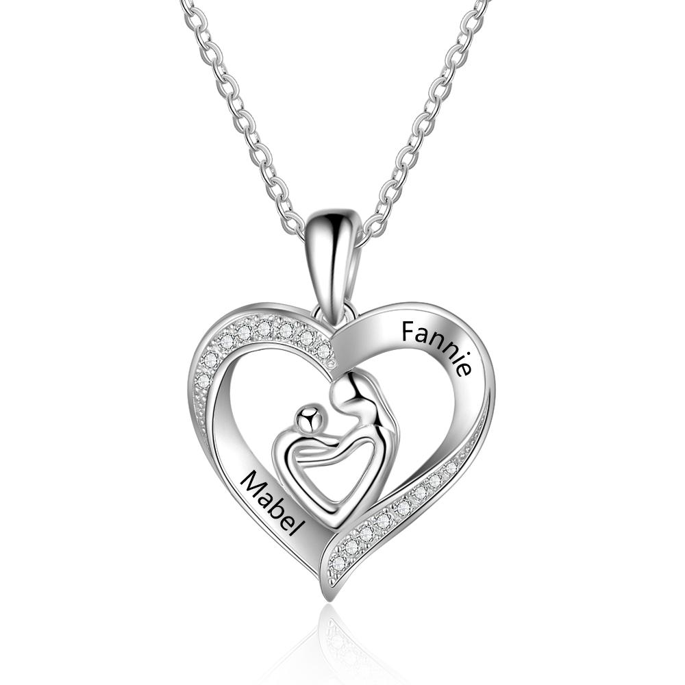 Mother and Child Heart Necklace Engraved with 2 Names Love Necklace Sterling Silver-Jessemade AU