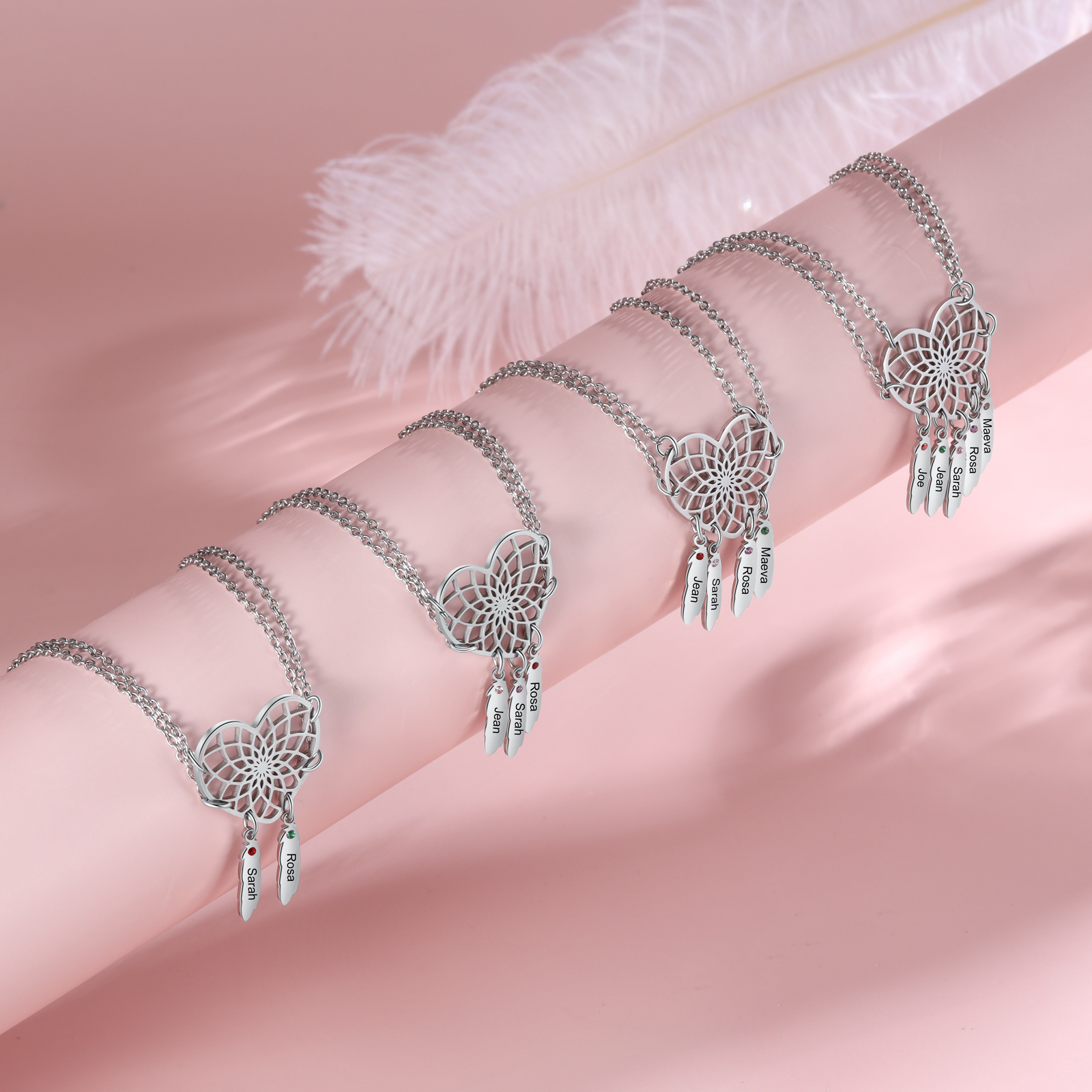 Personalised Heart Dream Catcher Bracelet with Birthstones Engrave 3 Names Gifts For Her-Jessemade AU