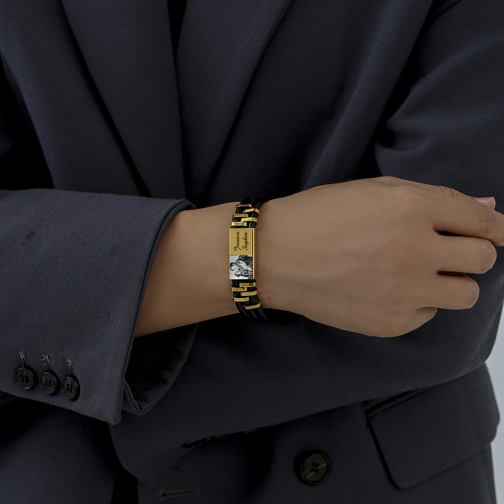 Personalised Leather Bracelet Custom Photo Initial ID Bar Men's Bracelet Bangle Gifts For Him-Jessemade AU