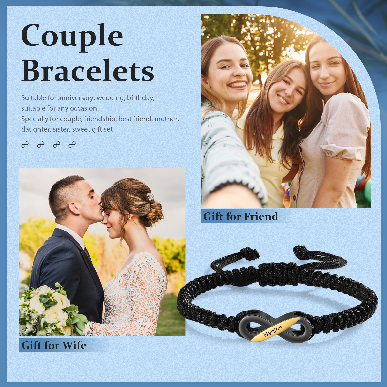 Personalised Infinity Bracelet Customised Name Couple Bracelet Adjustable Gifts for Him/Her-Jessemade AU