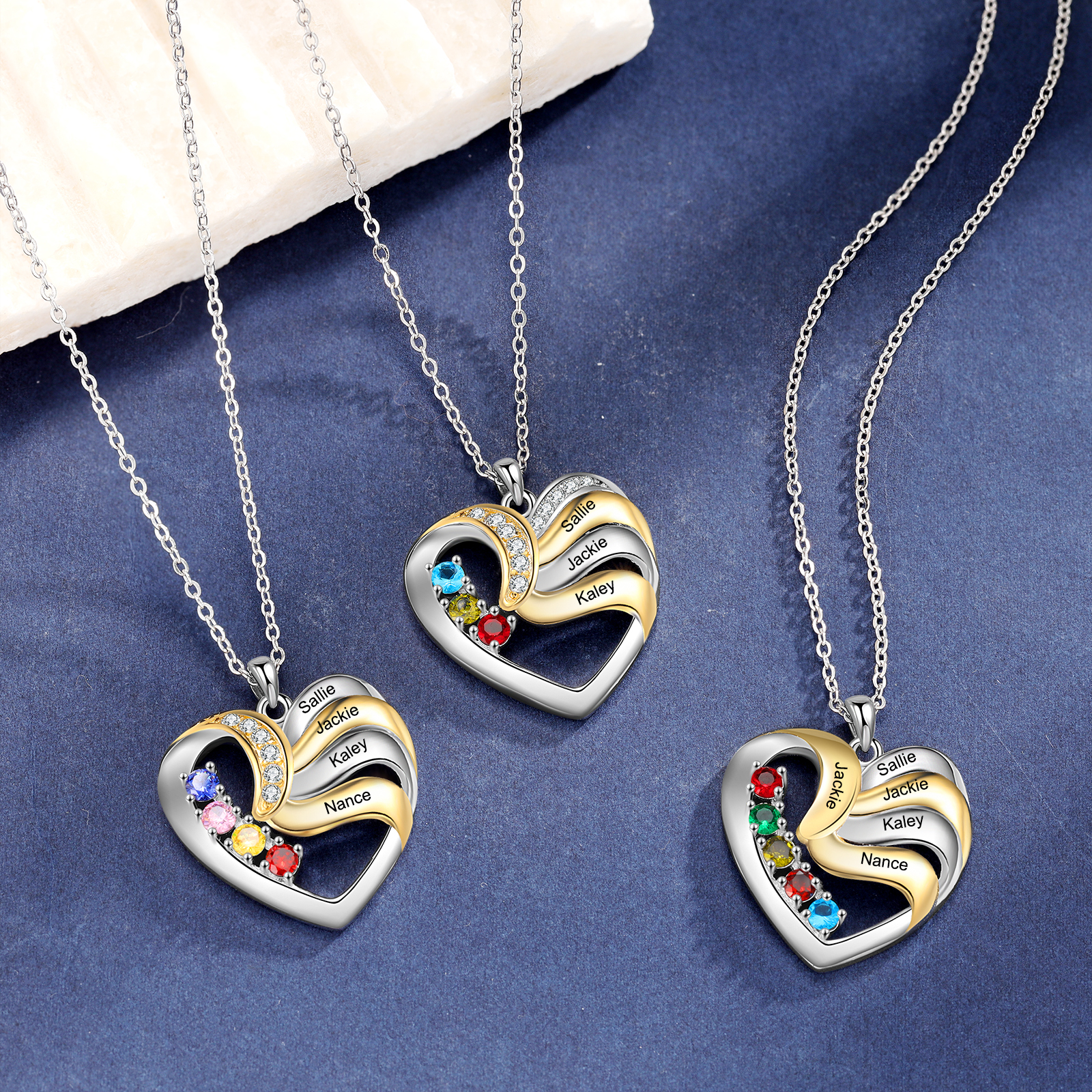 5 Names - Personalised Heart Necklace Custom Birthstones & Names Family Necklace Mother's Day Gifts-Jessemade AU