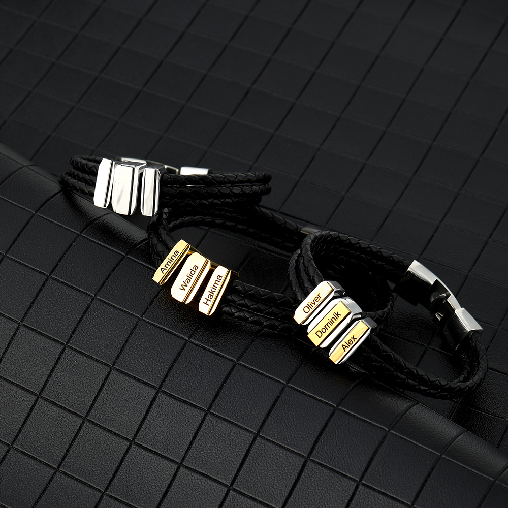 Mens Leather Bracelet with Customised Beads Personalised Three Layer Bracelet Engraved 3 Names-Jessemade AU