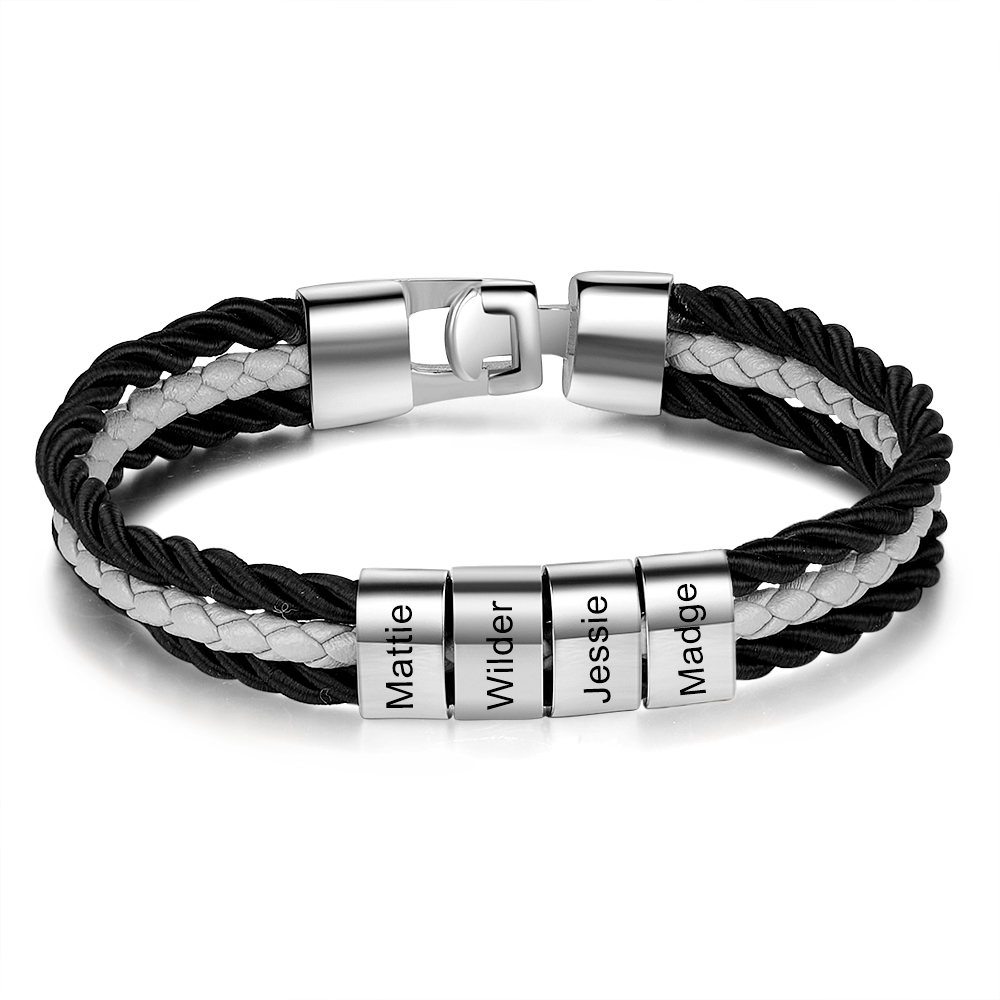 Mens Leather Bracelet Braided Layered Leather with 4 Beads Silver and Gold-Jessemade AU