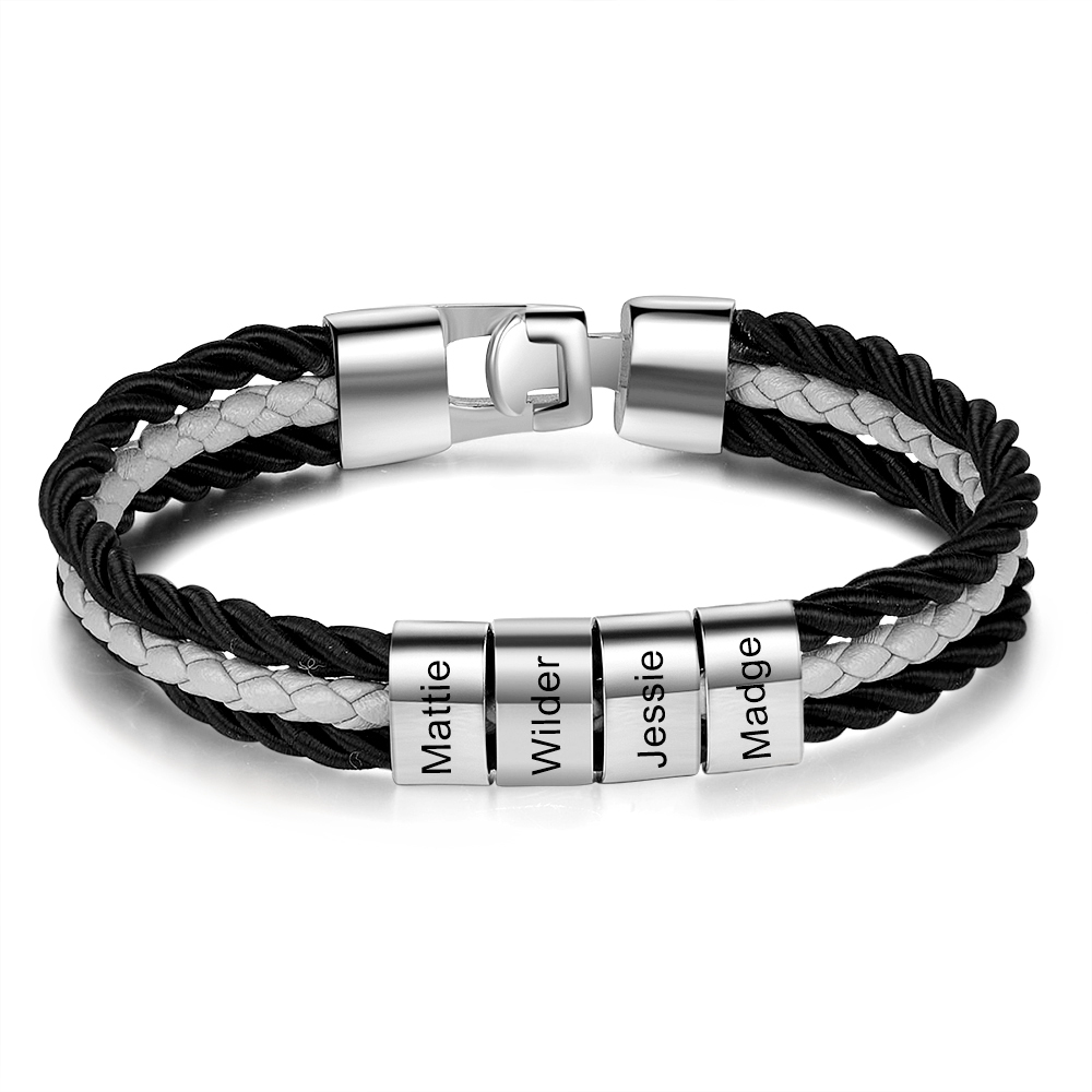 Mens Leather Bracelet Braided Layered Leather with 4 Beads Silver and Gold-Jessemade AU