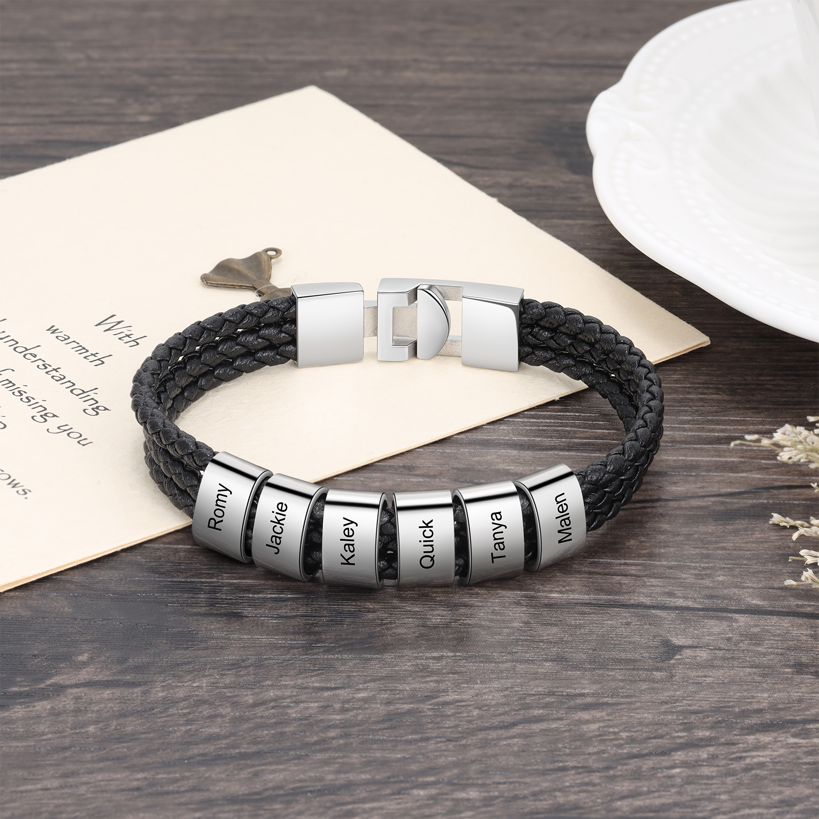 Personalised Braided Leather Bracelet Engraved 6 Names Men's Bracelet Gifts For Him-Jessemade AU