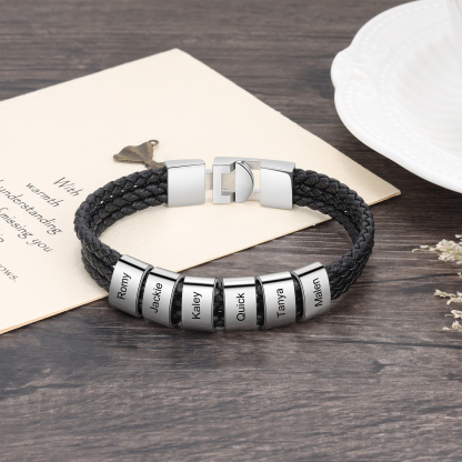 Personalised Braided Leather Bracelet Engraved 6 Names Men's Bracelet Gifts For Him-Jessemade AU