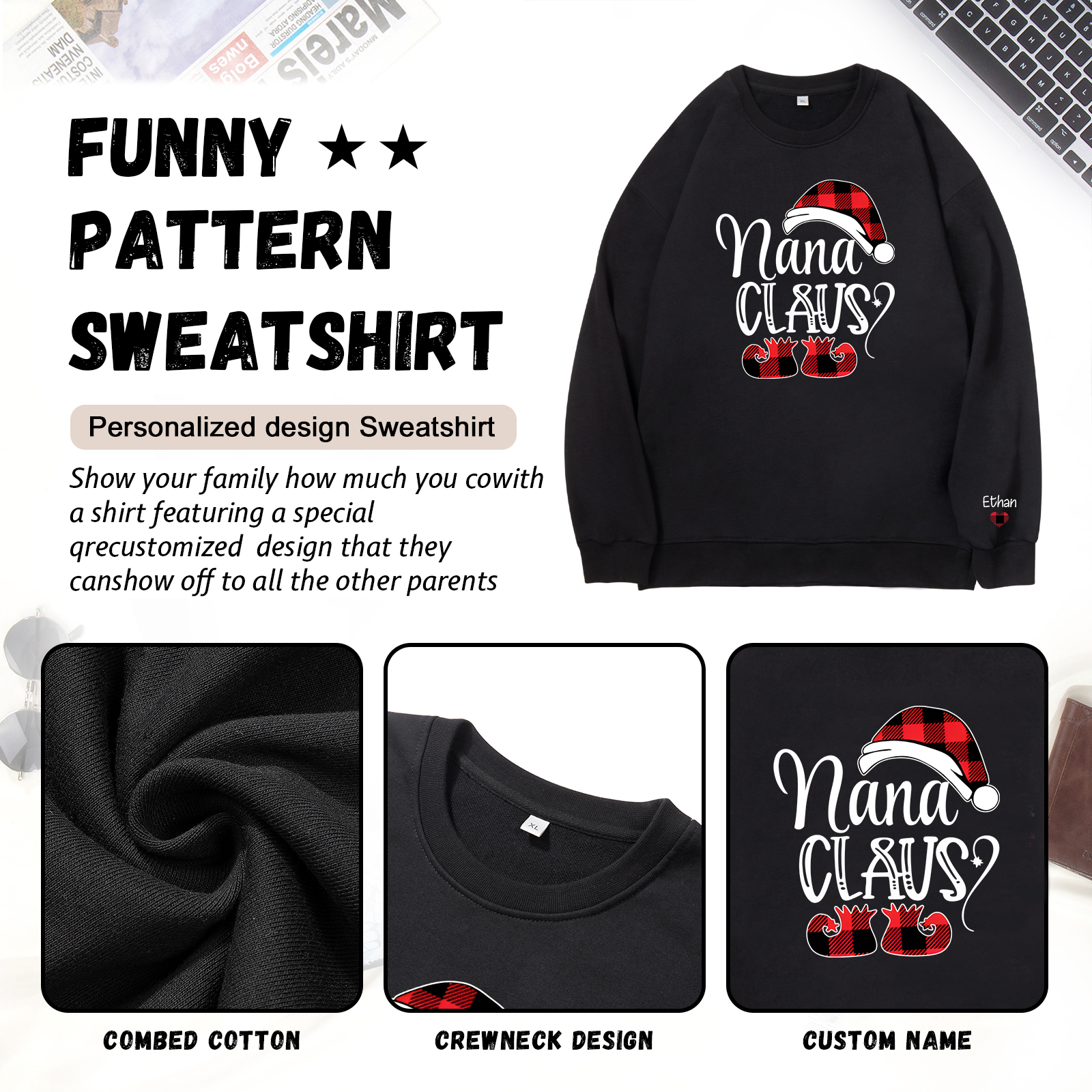 1 Name - Personalised Christmas Sweatshirt Custom Name & Text Sweatshirt Nana Claus Sweatshirt Gift for Family -Jessemade AU