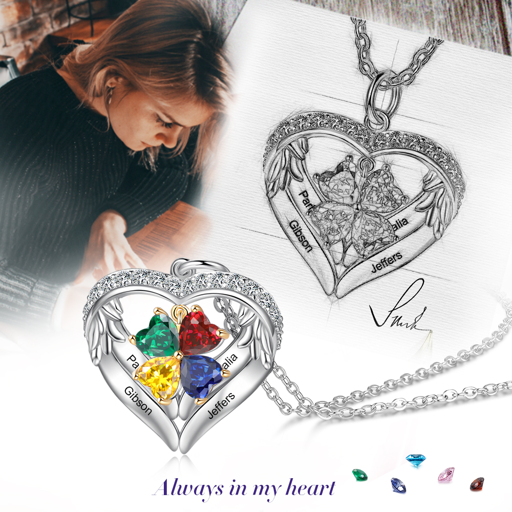 Personalised Wings Necklace With 4 Heart Birthstones Engraved Names Gift For Women-Jessemade AU
