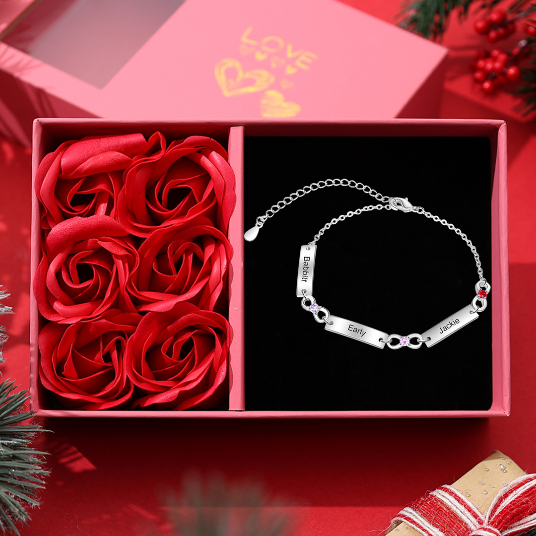 Personalised Bracelet With 3 Birthstones Engraved Names Bracelet Gift For Women-Jessemade AU