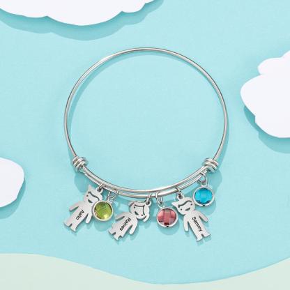 Women Bangle Bracelet with Kids Charms 3 Birthstones Engraved 3 Names Rose Box Set-Jessemade AU